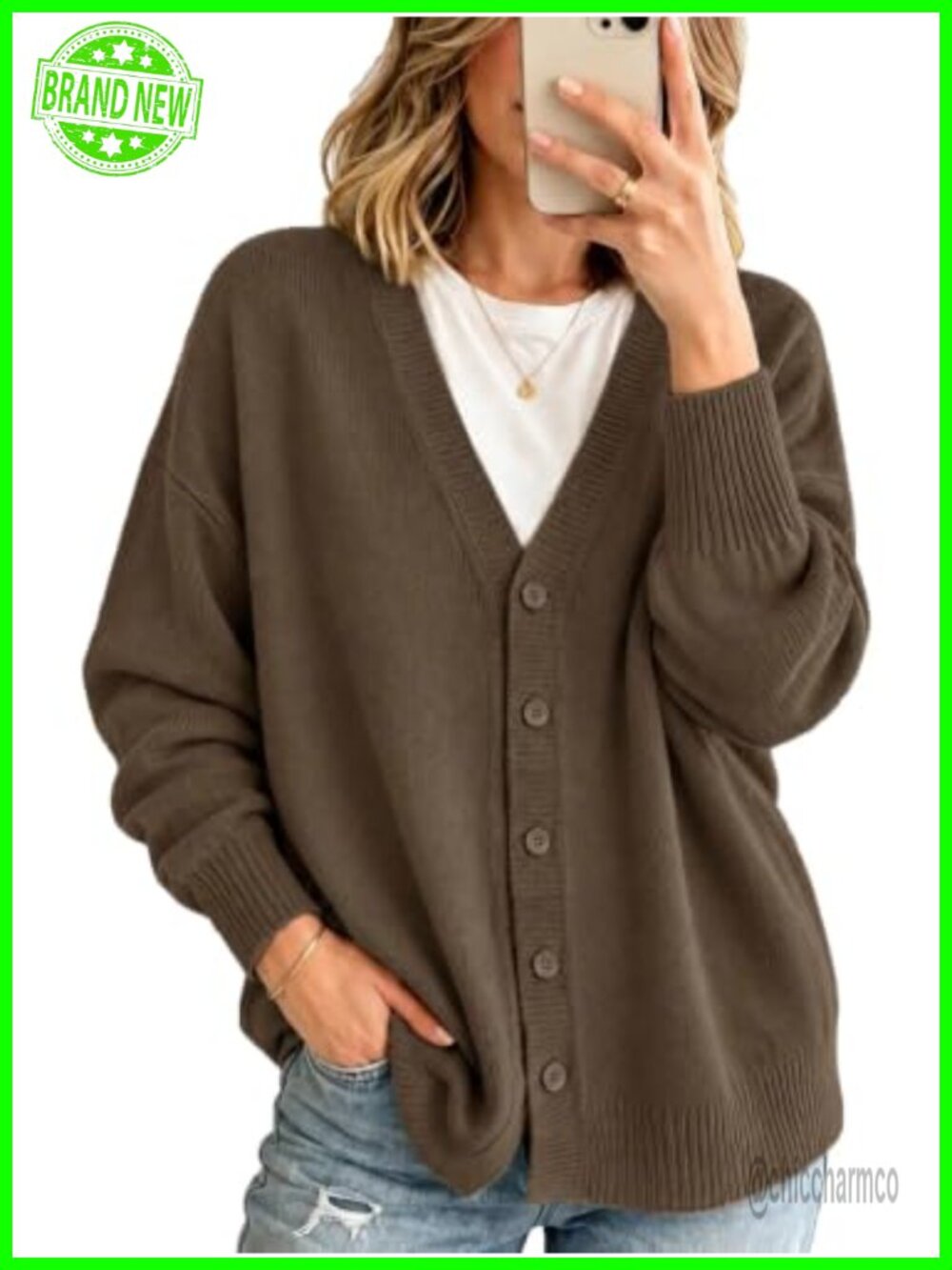 Oversized Open Front Cardigan Button Down V Neck Long Sleeve Knit Sweater